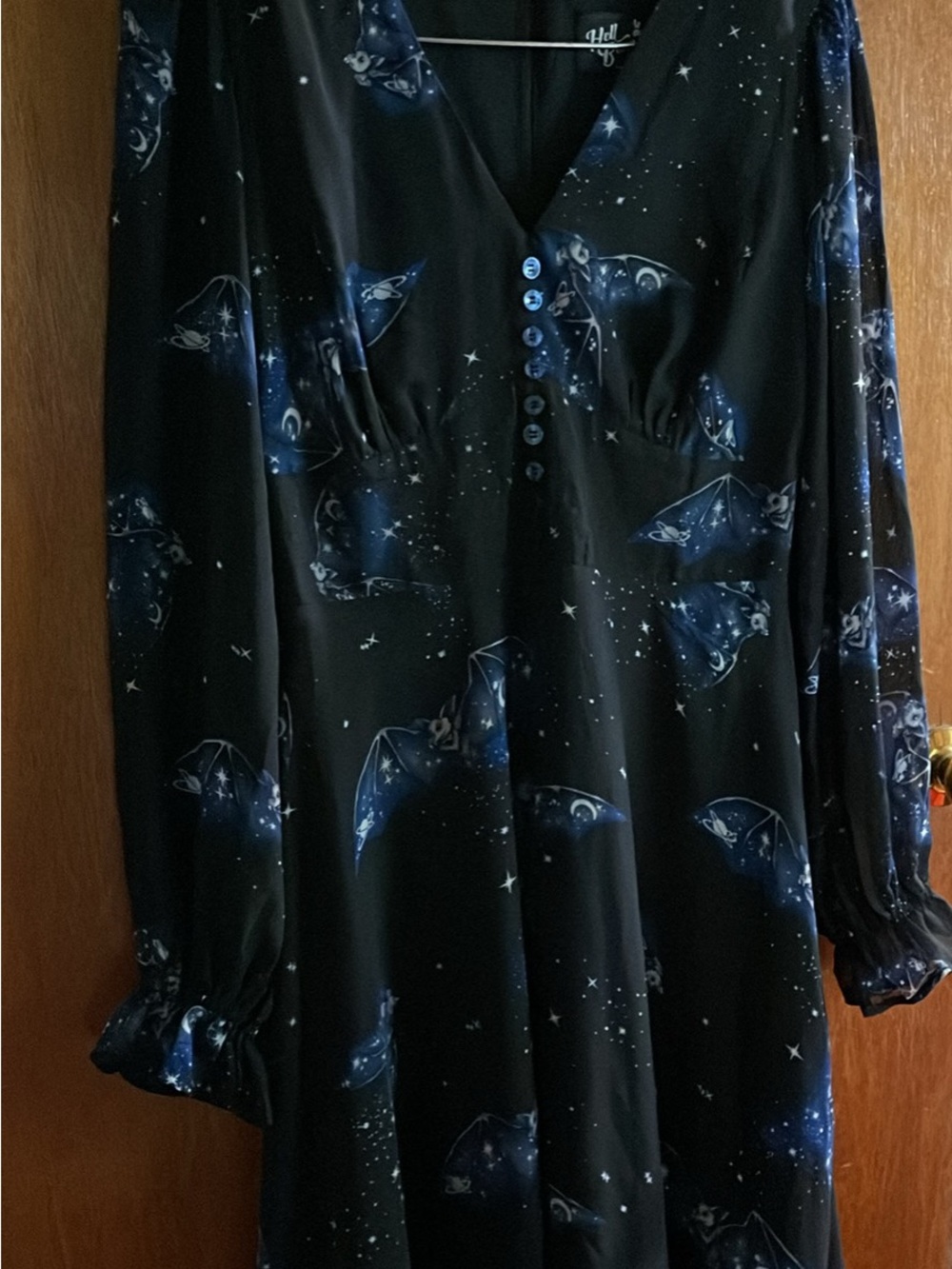 Women’s Hell Bunny Black Star & Bat Print V-Neck Long Sleeve Dress Plus Sz M